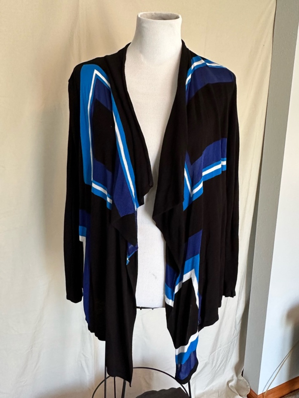INC International Concepts Black Open-Front Cardigan Blue White Stripes sweater